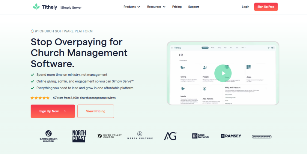 Tithely church website builder interface showing donation integration and layout options.