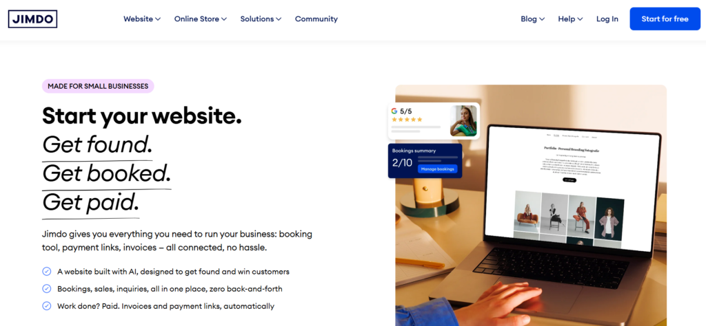 Jimdo AI-guided setup screen generating a mobile-optimized small business website.