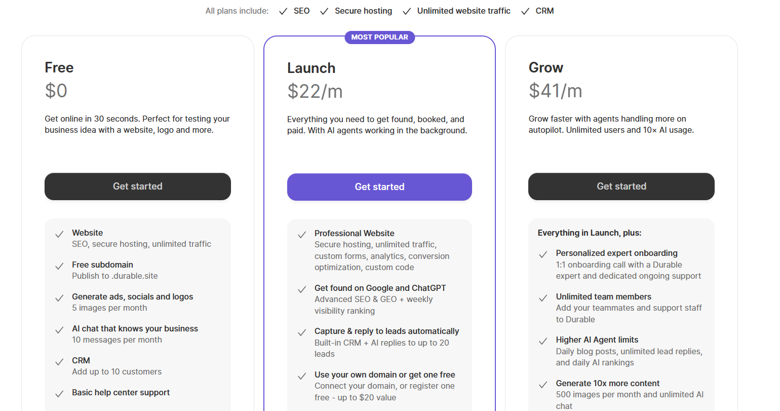 Durable AI Pricing Plans and Details