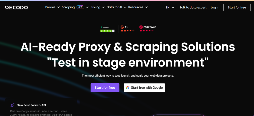 Decodo residential proxy dashboard displaying bandwidth usage and location targeting settings.