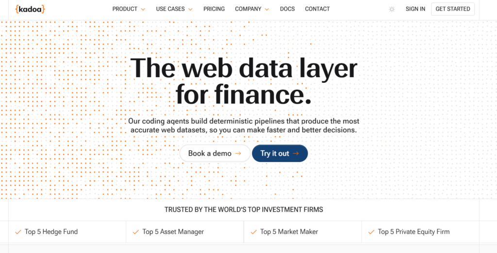 Kadoa AI data platform parsing unstructured financial documents into a clean structured table.