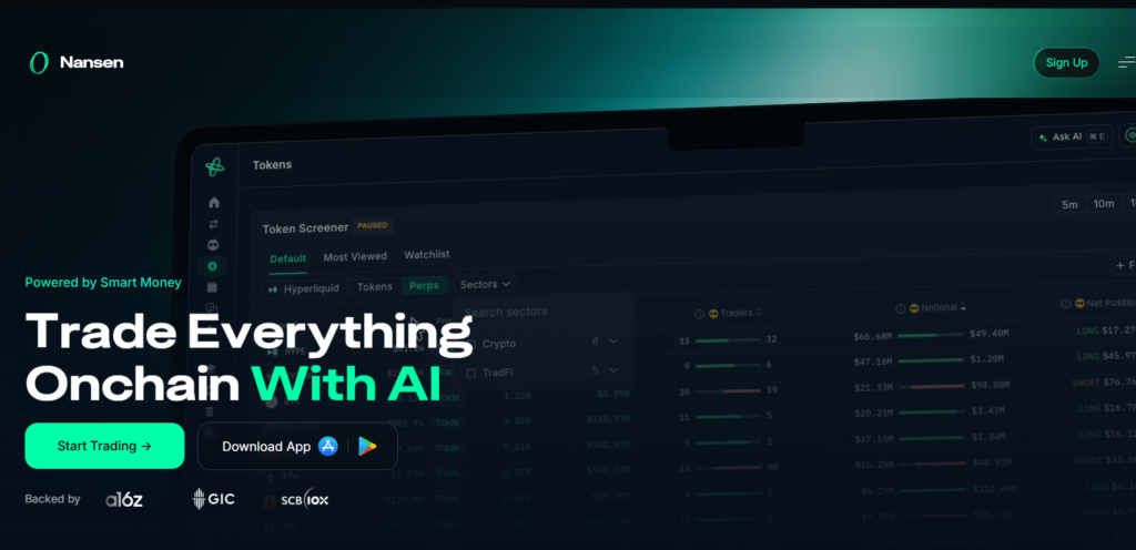 Nansen AI crypto analytics dashboard showing Smart Money wallet tracking