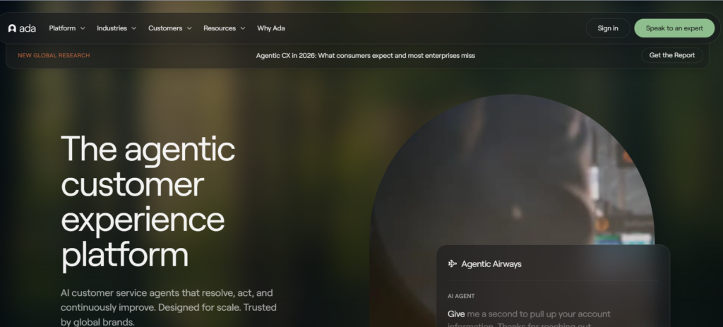 Ada homepage screenshot showing the AI customer service automation platform
