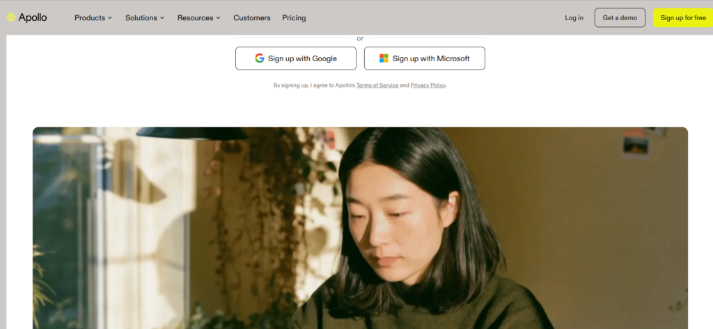 Apollo.io homepage screenshot showing the prospect database and engagement tools
