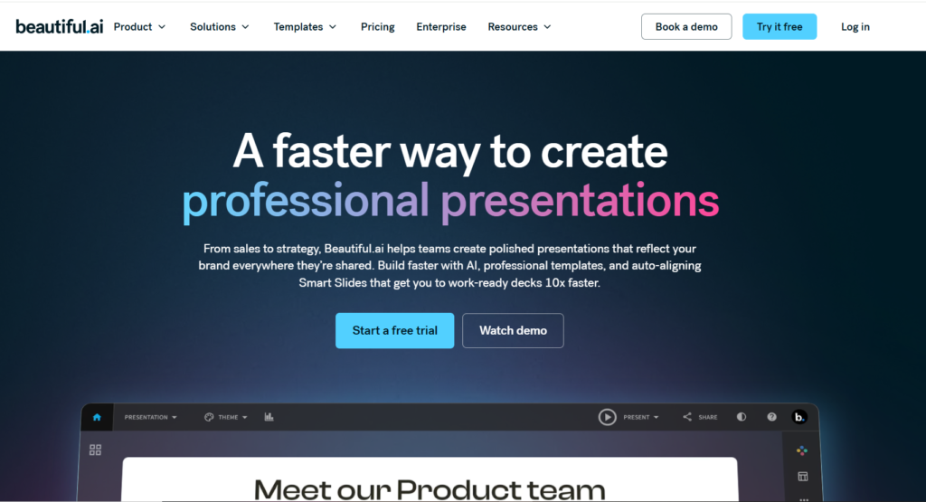 Beautiful.ai Smart Slides editor with auto-formatted presentation and brand color palette