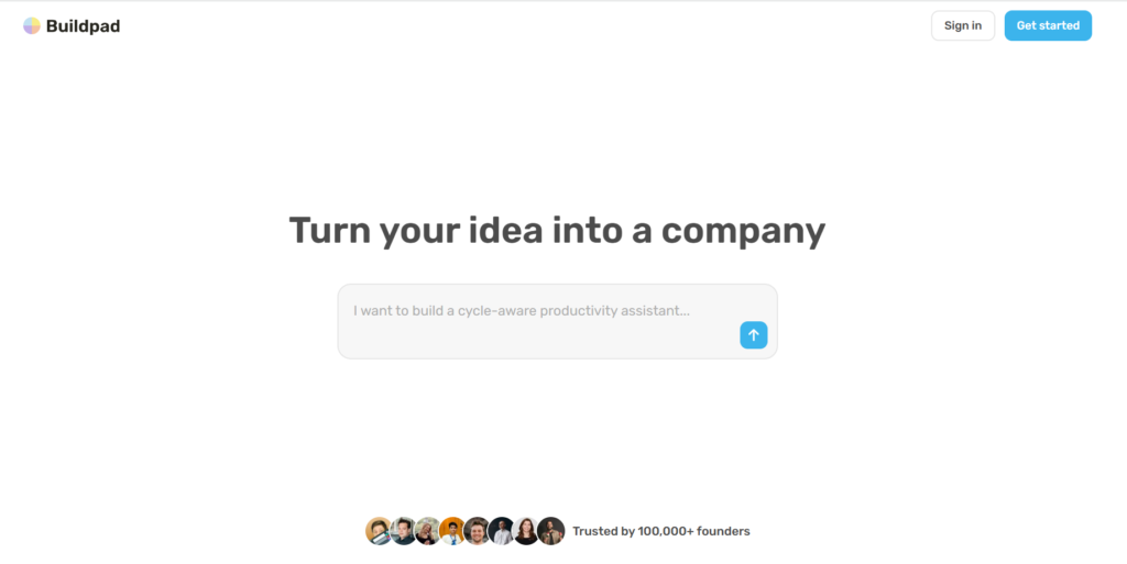 Buildpad AI idea-to-business platform showing the phased workflow with visual project canvas