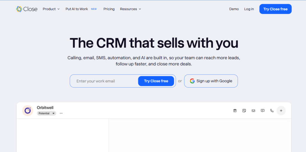 Close homepage screenshot highlighting built-in calling and Chloe AI

