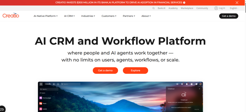 Creatio homepage screenshot showcasing the AI-native no-code platform
