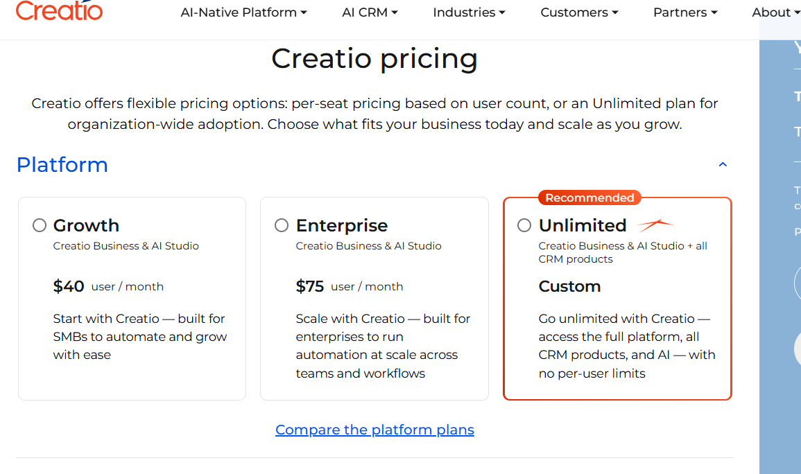 Creatio Pricing Plans and Details
