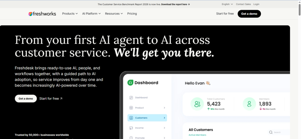 Freshdesk homepage screenshot showing Freddy AI customer support software
