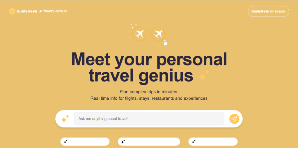 GuideGeek homepage showing a free AI travel assistant that answers trip questions inside WhatsApp and Messenger chats