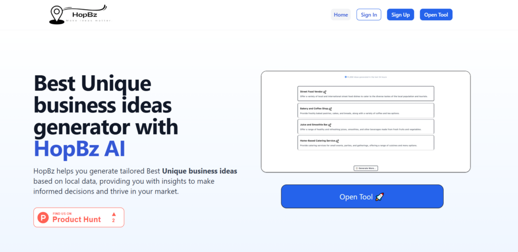 Hopbz location-based business idea generator showing personalized ideas with Google Maps integration
