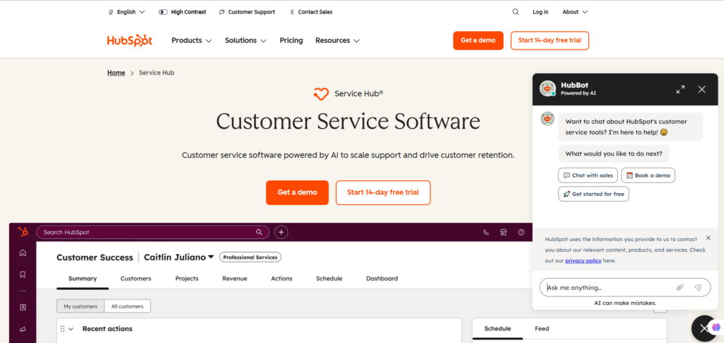 HubSpot Service Hub homepage screenshot showing AI customer service tools
