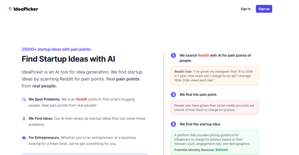 IdeaPicker interface displaying startup ideas sourced from Reddit pain points with business plan outlines