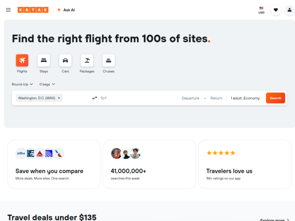Kayak Ask AI homepage showing conversational flight and hotel search with live prices for flexible travel dates