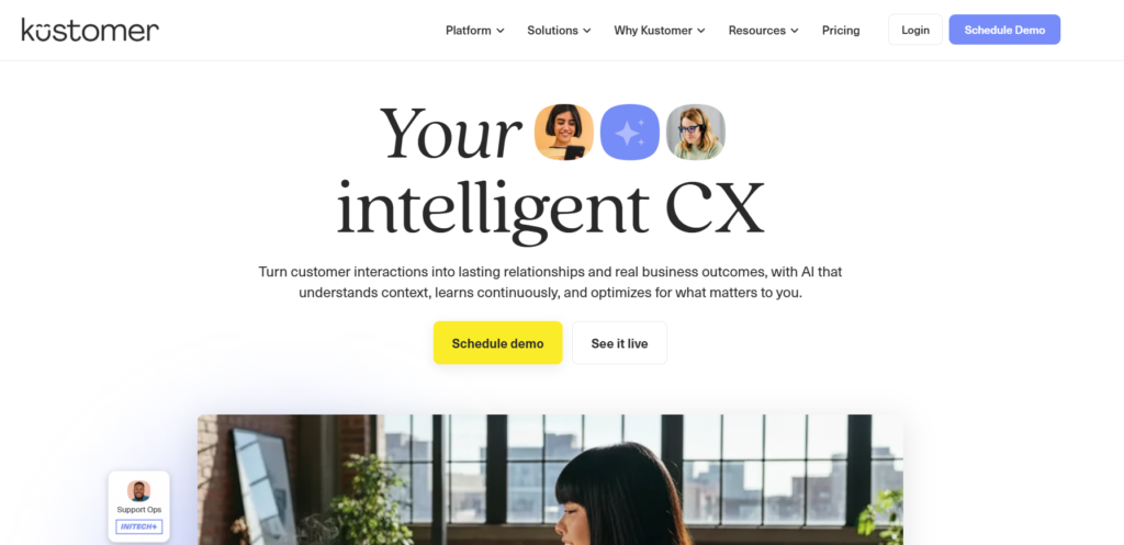 Kustomer homepage screenshot showing the AI CRM for customer service
