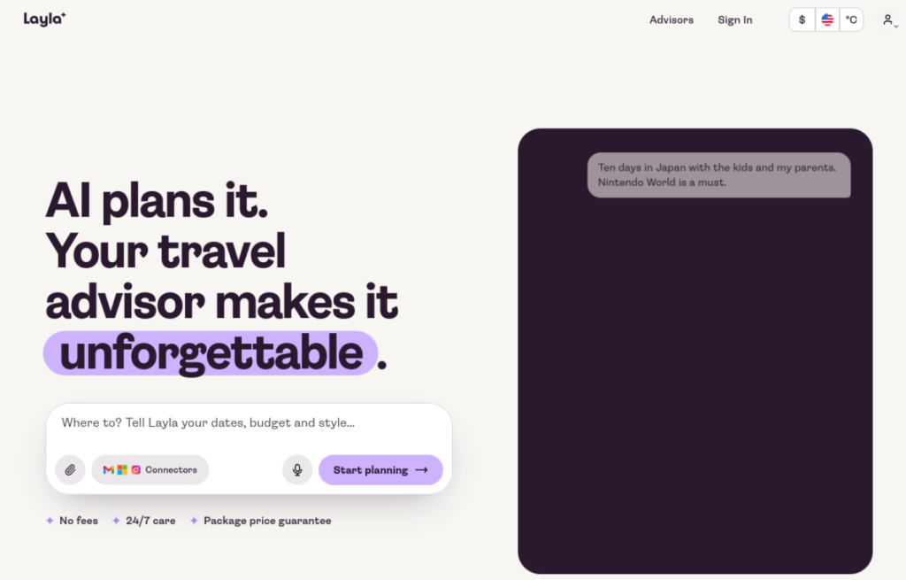 Layla homepage showing a conversational AI trip planner chat with human travel advisor support for booking complete trips