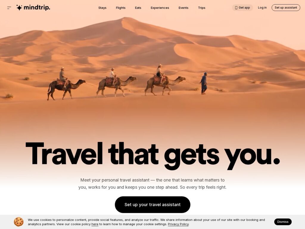 Mindtrip homepage showing an AI trip planner workspace with a destination map, saved places and a chat based itinerary builder