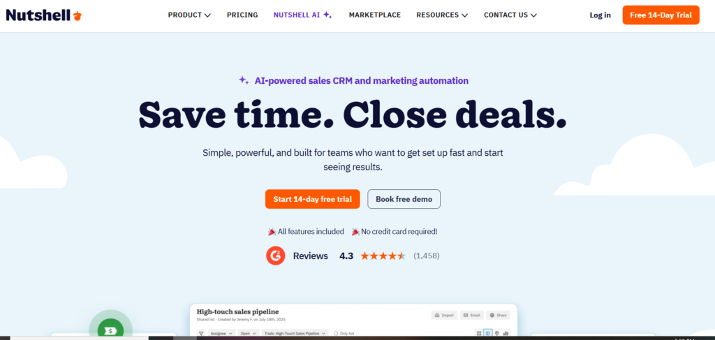 Nutshell homepage screenshot displaying guided selling dashboard
