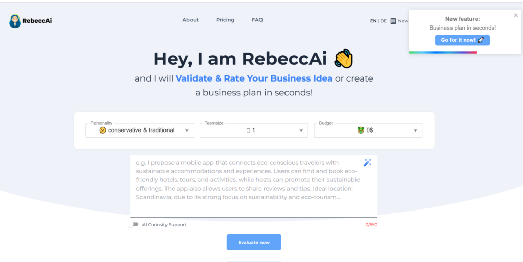 RebeccAi AI idea evaluation tool showing strengths and weaknesses assessment for a business idea
