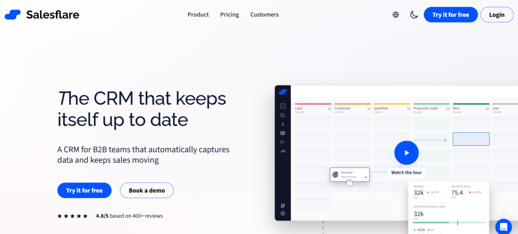 Salesflare homepage screenshot showing automatic data capture features
