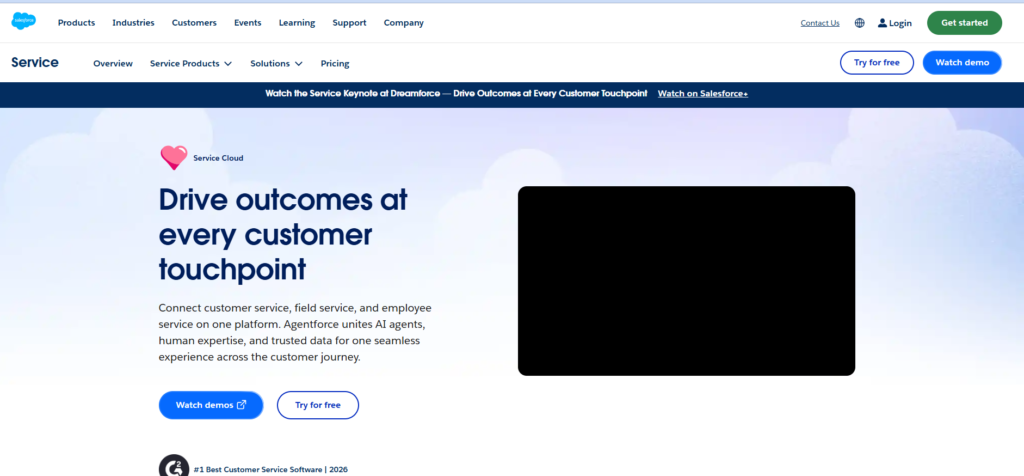 Salesforce homepage screenshot showing Service Cloud with Agentforce AI agents
