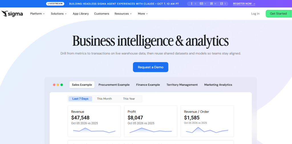 Sigma logo, warehouse-native AI analytics platform