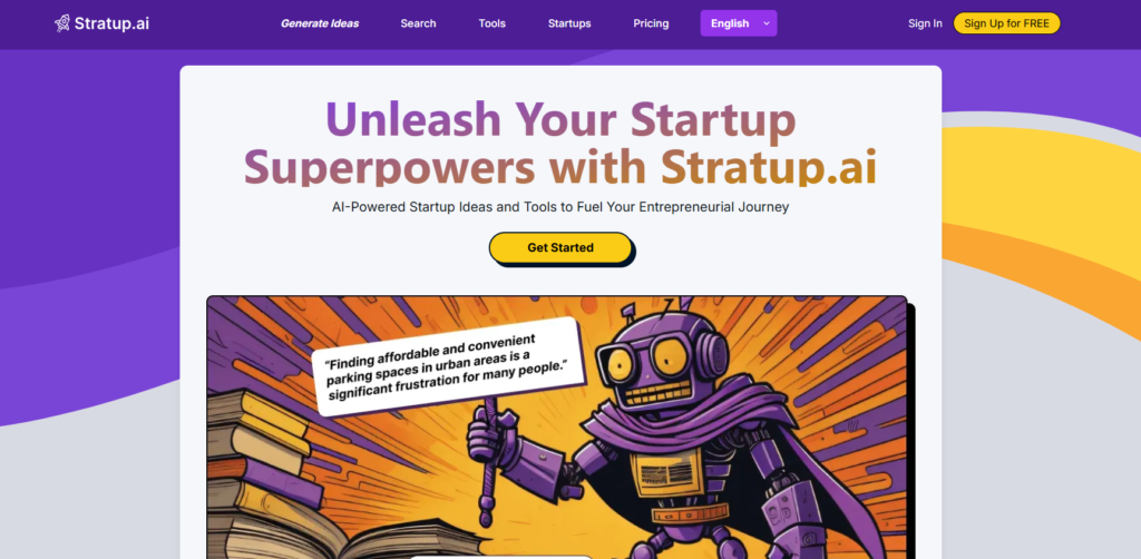 Stratup.ai homepage showing the searchable database of 100,000 AI-generated startup ideas
