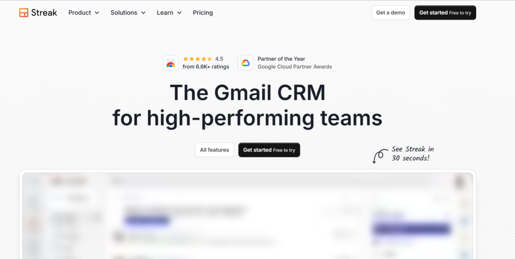 Streak homepage screenshot showing the Gmail-native pipeline view
