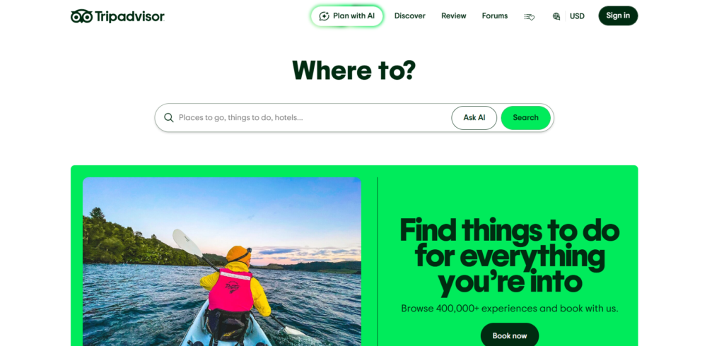 Tripadvisor AI trip planner page showing day by day itineraries built from traveler reviews, ratings and photos