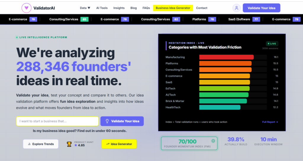 ValidatorAI startup idea scoring interface displaying an AI-generated grade with competition analysis