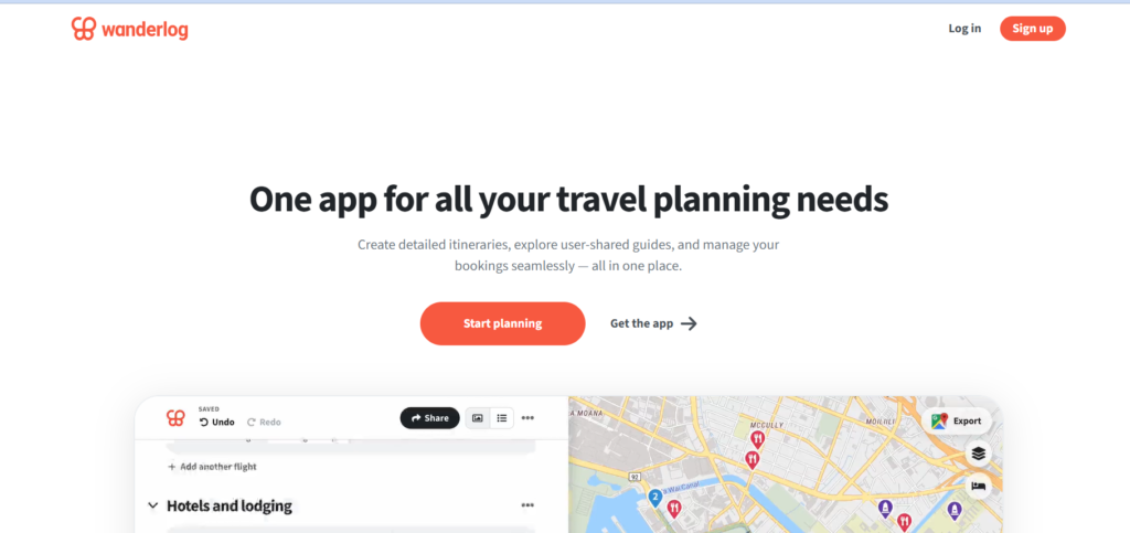 Wanderlog homepage showing a map based trip planner with itinerary stops, route planning and group expense splitting features