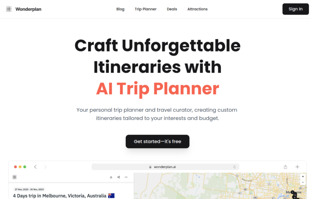 Wonderplan homepage showing a free AI itinerary generator that builds day by day travel plans from destination, dates and budget