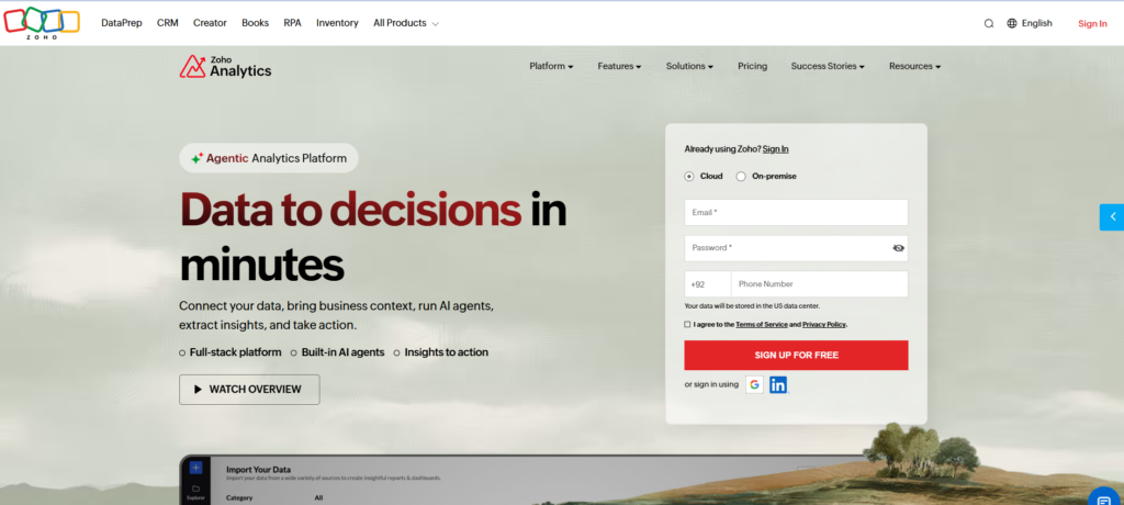 Zoho Analytics logo, AI-powered BI tool for small businesses