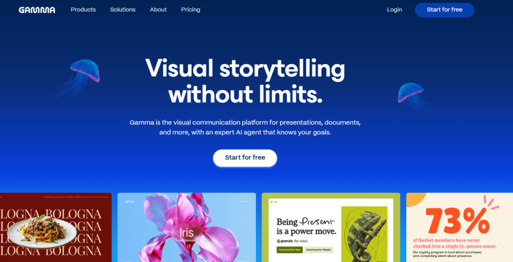 Gamma AI presentation editor showing an auto-generated slide deck with modern card layout