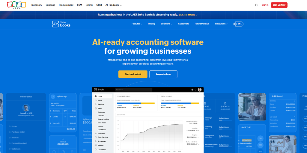 Zoho Books dashboard showing Zia AI financial insights and revenue forecasting