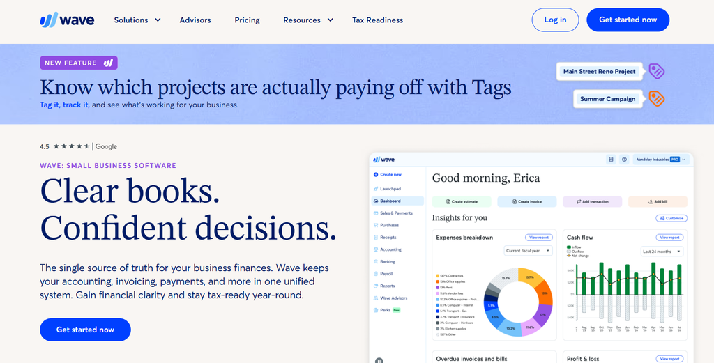 Wave Accounting dashboard featuring free bookkeeping tools and automated bank feeds