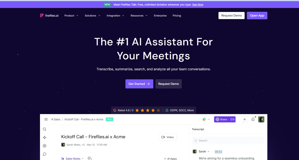 Fireflies.ai dashboard showing meeting recordings with searchable transcripts and action items