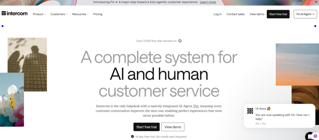 Intercom homepage screenshot showing the AI-first customer service platform with Fin
