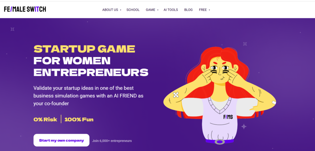 Fe/male Switch women-first startup game interface showing interactive entrepreneurship missions
