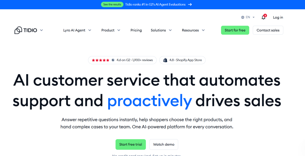 Tidio homepage screenshot showing Lyro AI chatbot for customer service
