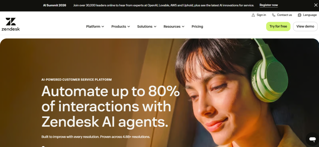Zendesk homepage screenshot showing AI-powered customer service software
